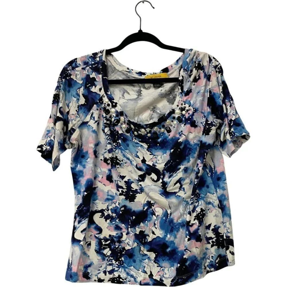 St. John Womens Blouse Top Size L Multicolor Watercolor Beaded Abstract Print